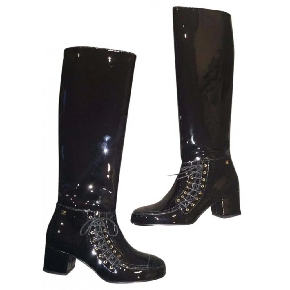 CHANEL 15A Patent Calf Leather Knee High Tall Lace Up Boots Shoes - Picture 16 of 16
